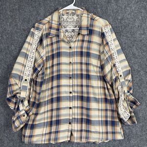 Kate & Sam Shirt Womens L Blue Cream Plaid Button Casual Crochet Country Cottage